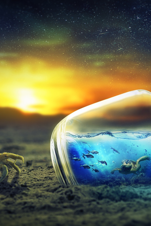 Краб рядом с бутылкой с маленькими черепахами, фэнтези