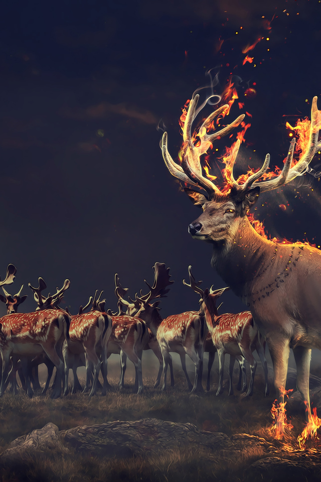 Фантастический олень с огненными рогами и копытами