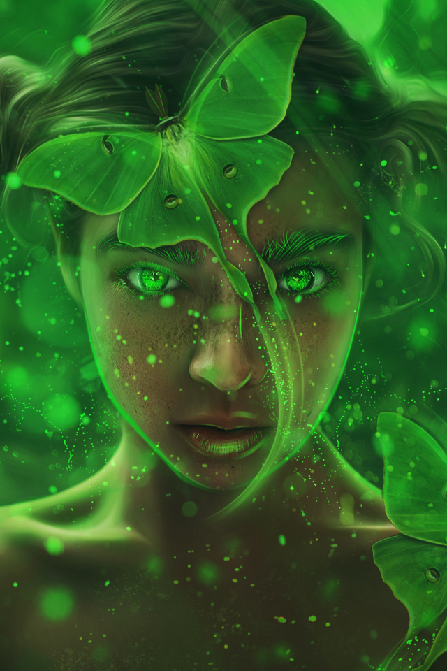 Фантастическая девочка с зелеными бабочками
