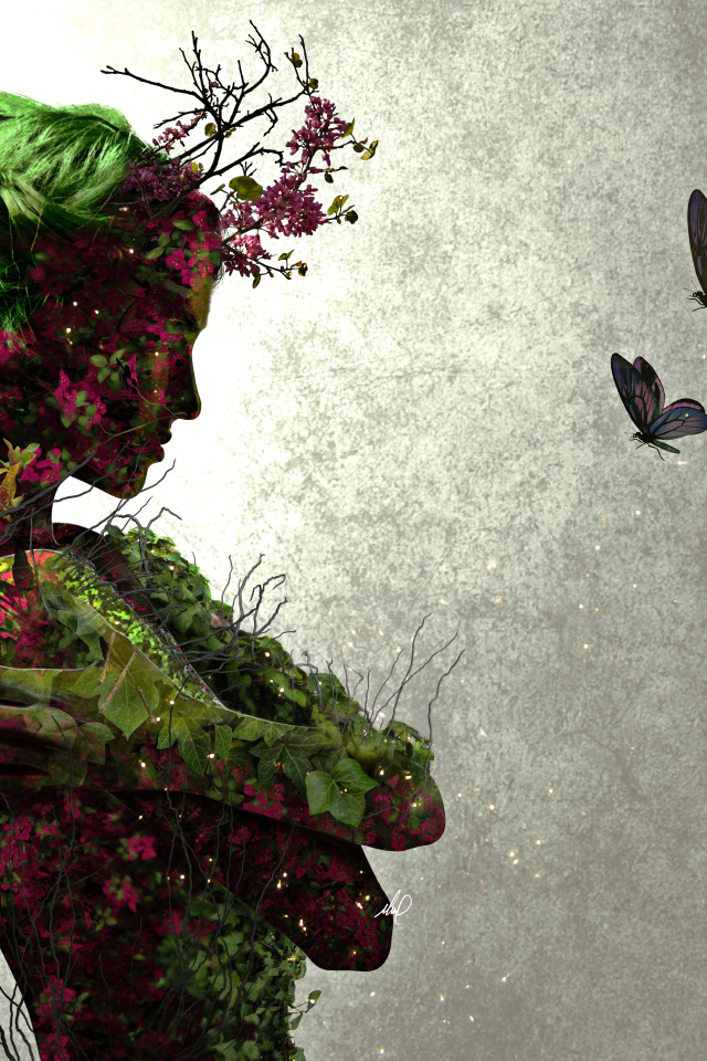 Фантастическая девушка с растениями и бабочками
