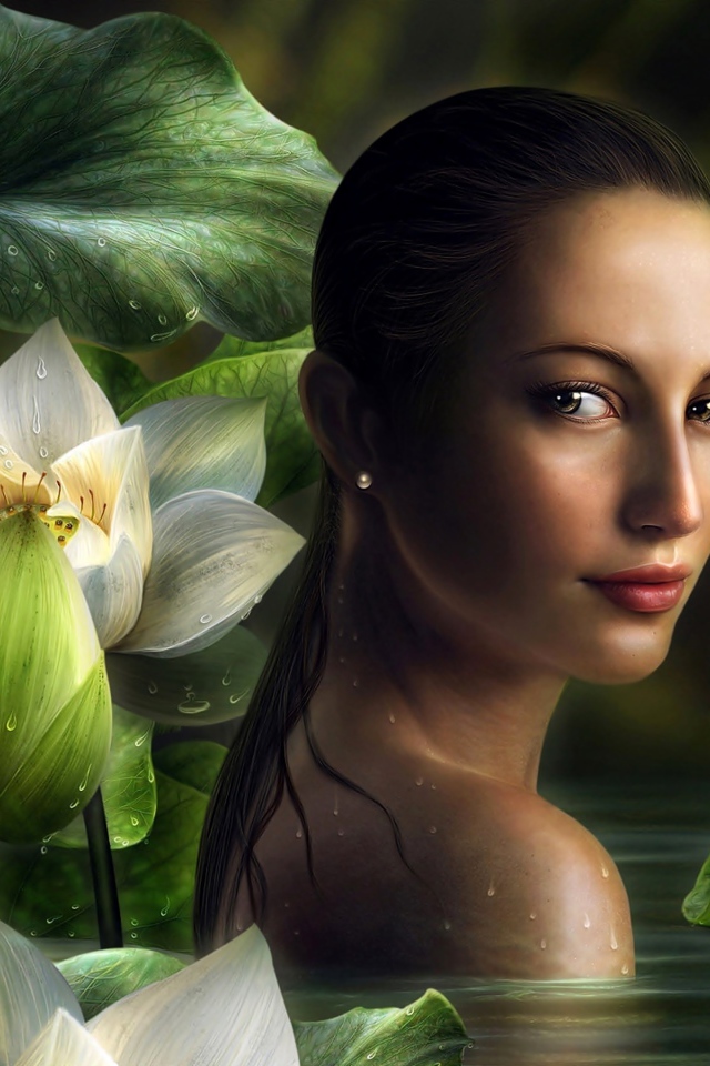 Девушка фэнтези на фоне белых цветов лотоса