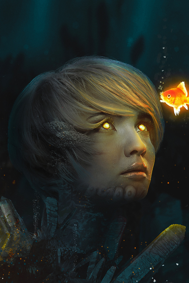 Девушка со светящимися глазами на дне с золотыми рыбками