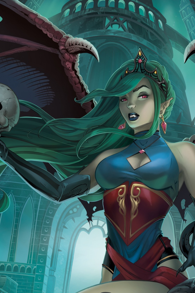 Девушка вампир с черепом в руке, фэнтези