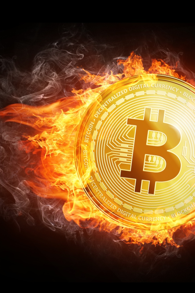 Огненная монета биткоин на черном фоне