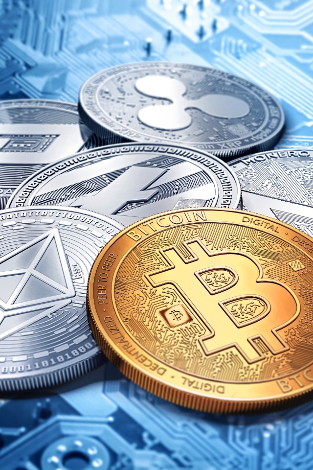 Монеты биткоин и монеро лежат на плате