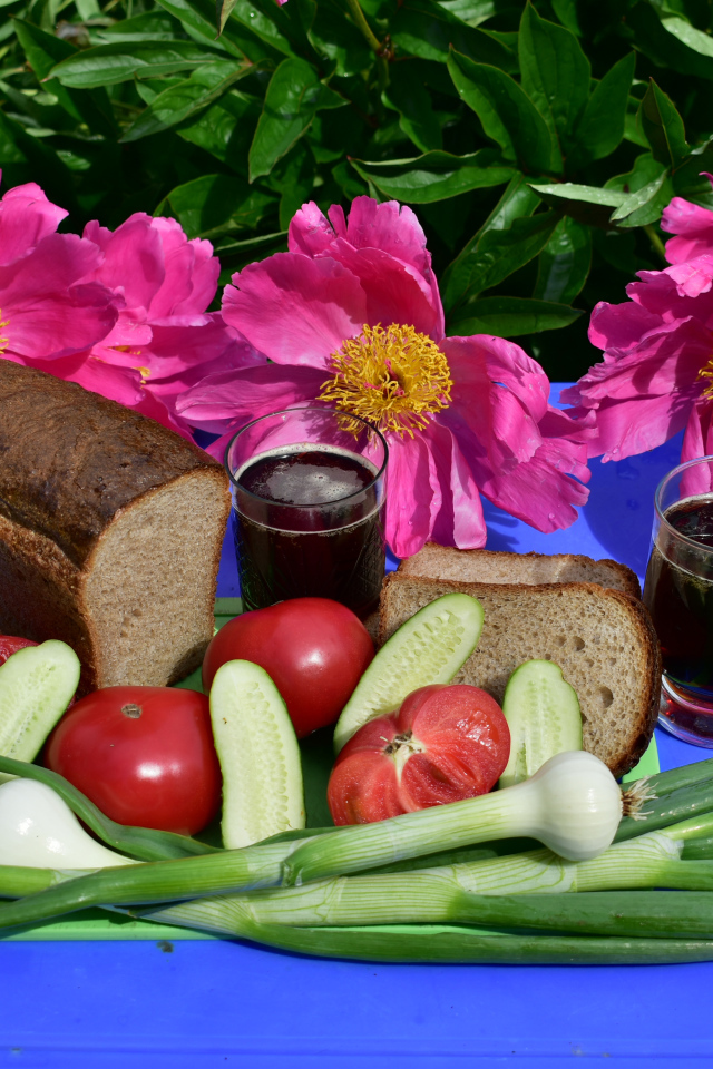 Черный хлеб, овощи и вино на фоне розовых пионов 