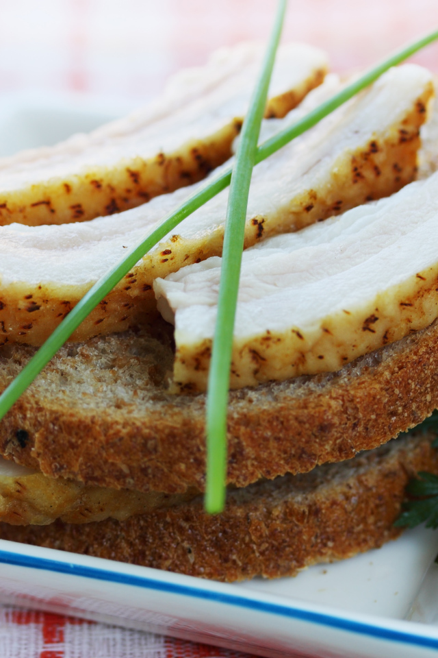 Черный хлеб с салом и зеленью на столе