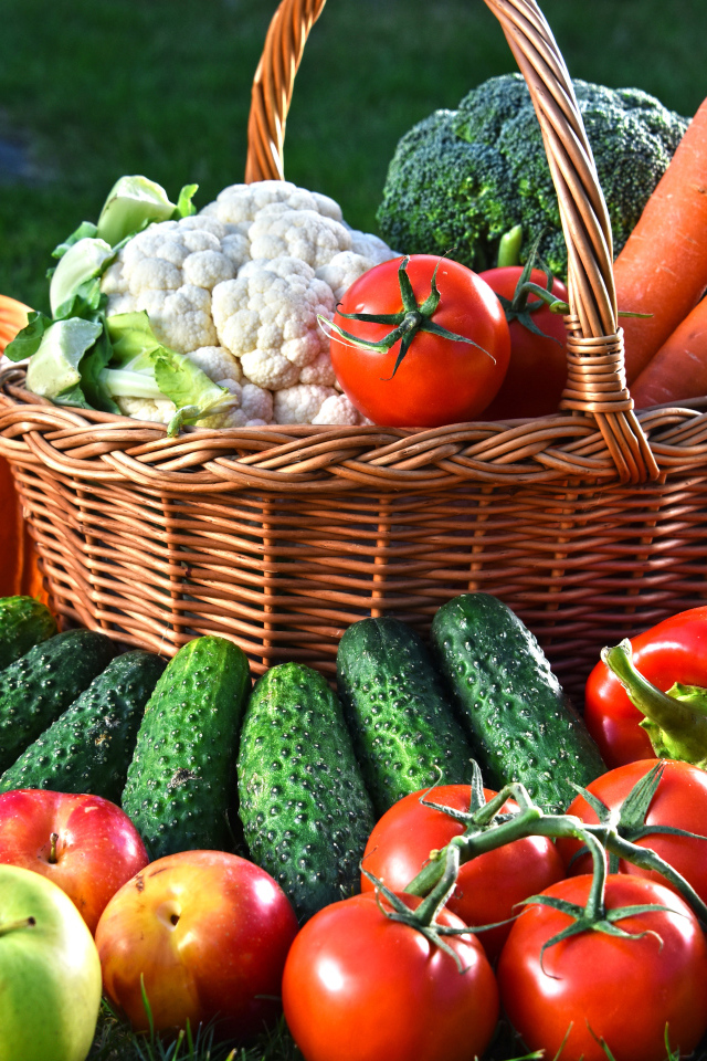 Свежие овощи и фрукты в корзине на зеленой траве