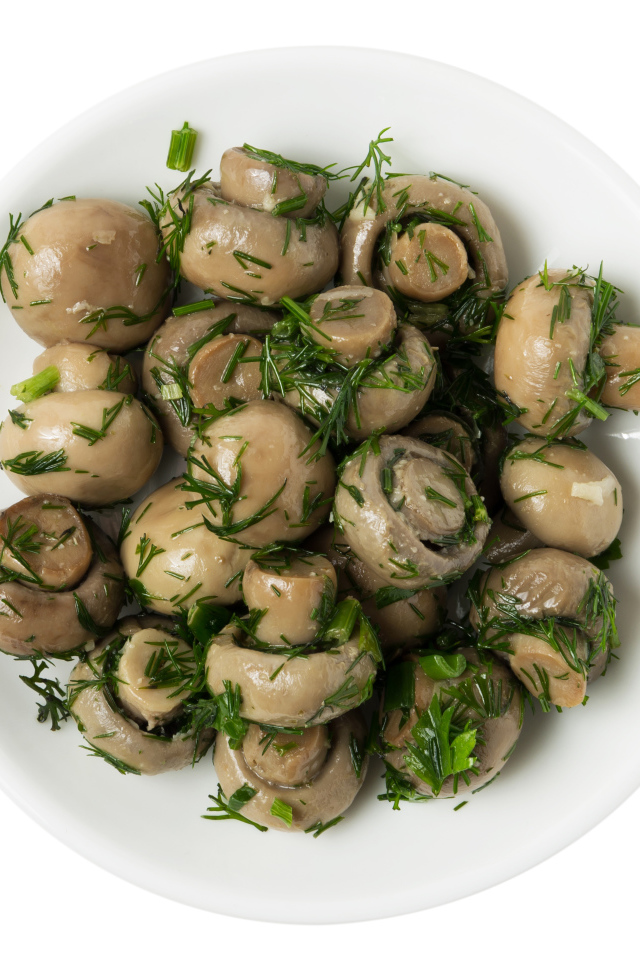 Маринованные шампиньоны с зеленью в белой тарелке на белом фоне 
