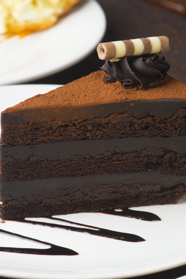 Кусок аппетитного шоколадного торта на белой тарелке