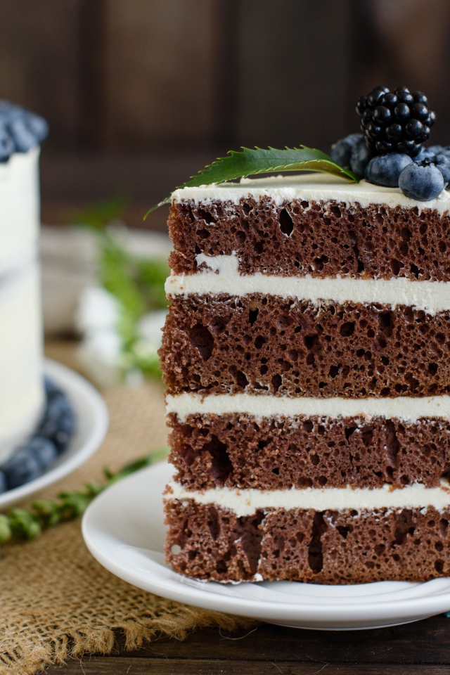 Аппетитный кофейный торт с кремом и ягодами черники и ежевики