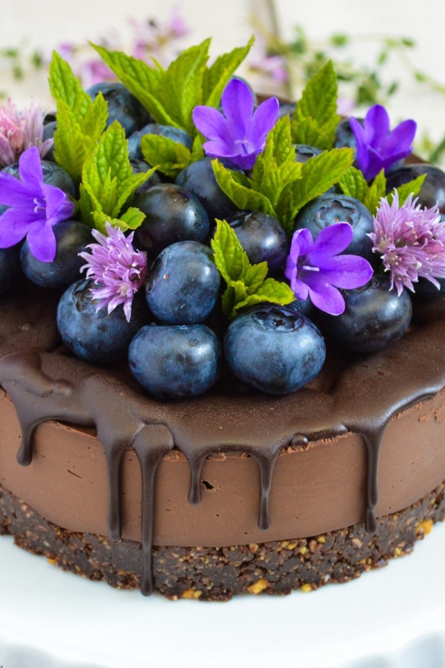 Шоколадный торт с ягодами черники и цветами 