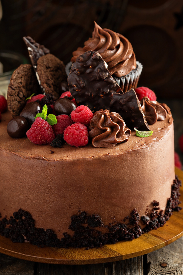 Шоколадный торт со сладостями и ягодами малины