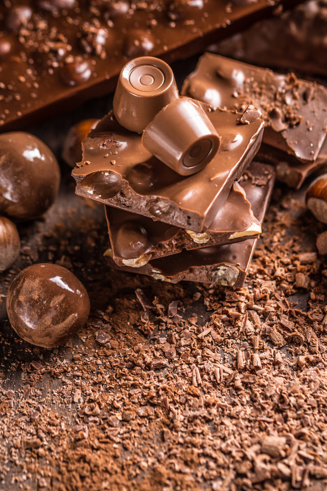 Шоколадные конфеты и плитки молочного шоколада с фундуком 