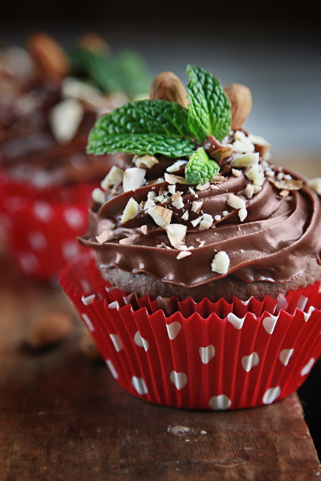 Свежий кекс с шоколадным кремом и орехами 