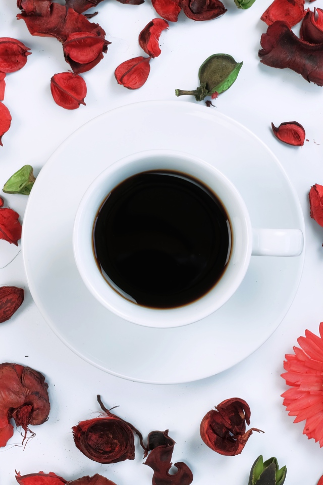 Чашка кофе на белой поверхности с сухими лепестками 