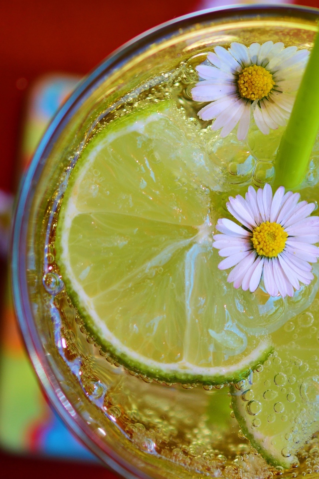 Газированный напиток с кусочками лайма и ромашками в стакане 
