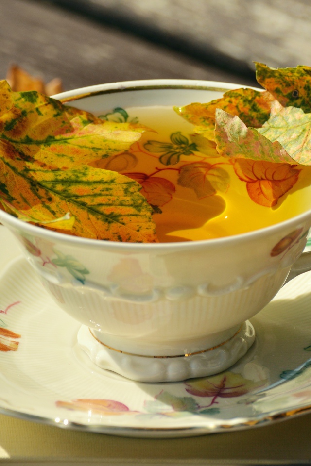 Чай в красивой чашке с осенней листвой