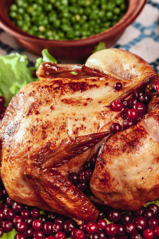 Запеченная курица с ягодами клюквы и листьями салата