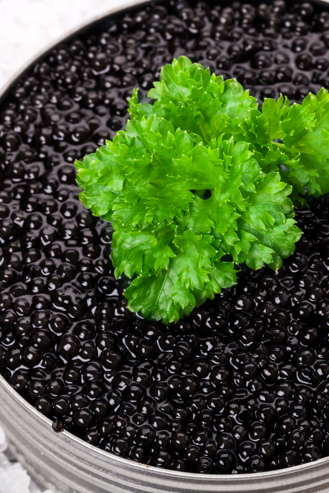 Банка черной икры с листиком петрушки