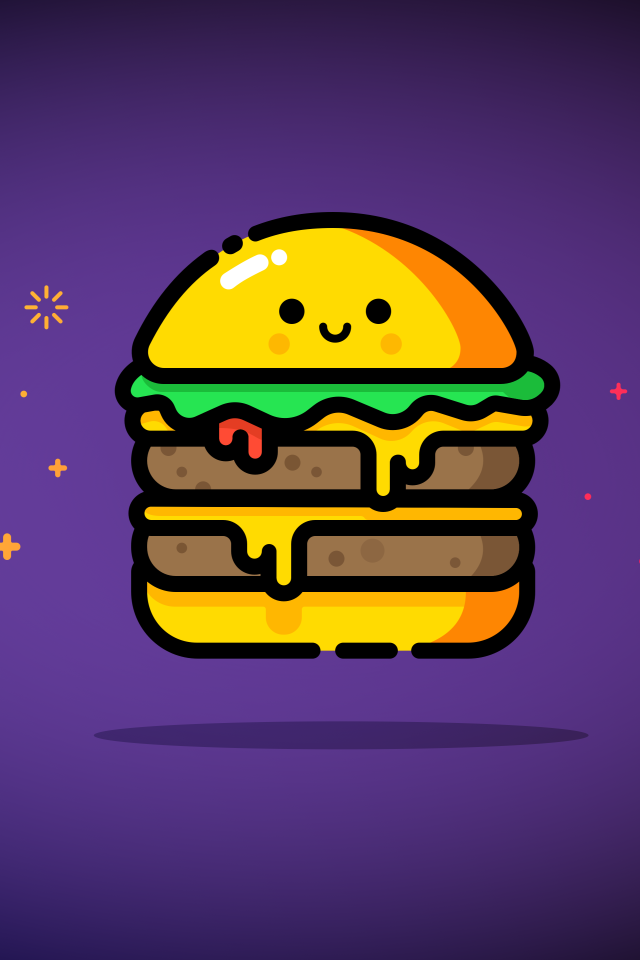Нарисованный веселый гамбургер на фиолетовом фоне