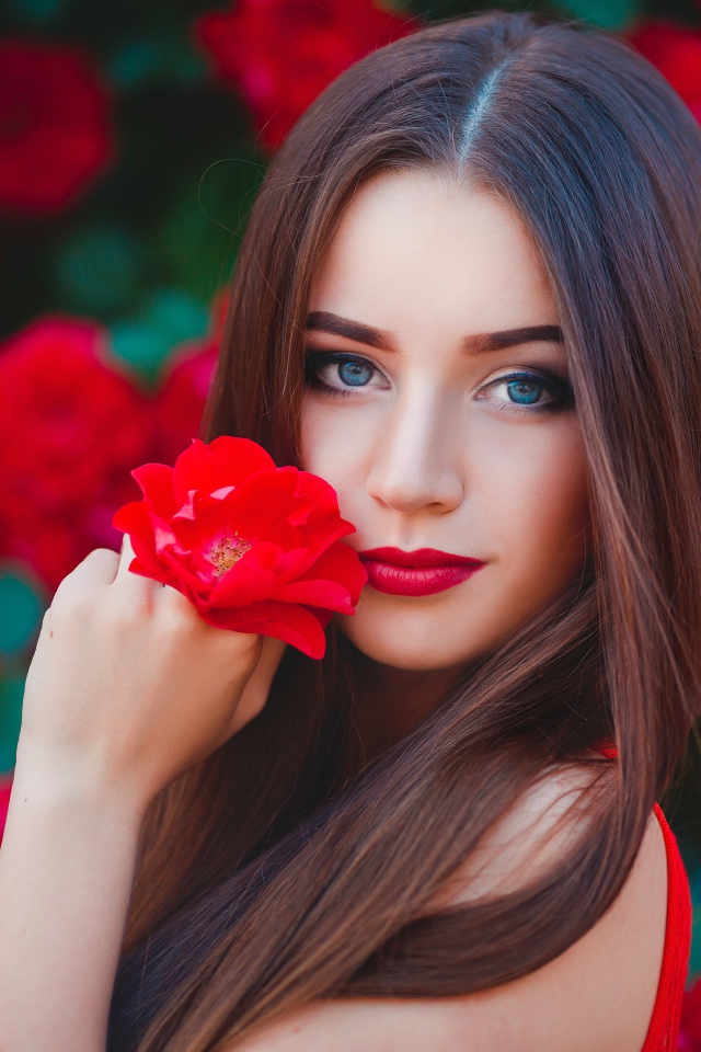 Красивая голубоглазая девушка с красной розой в руке