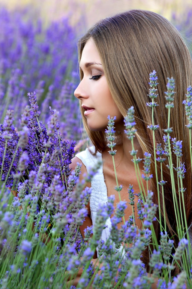 Delicate beautiful girl in lavender flowers