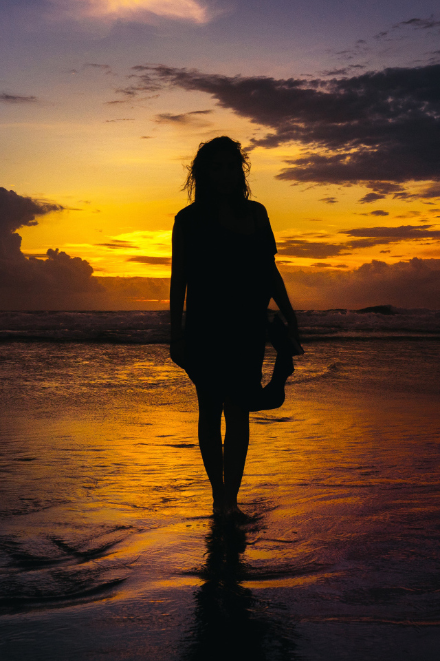 Силуэт красивой девушки на берегу моря на закате