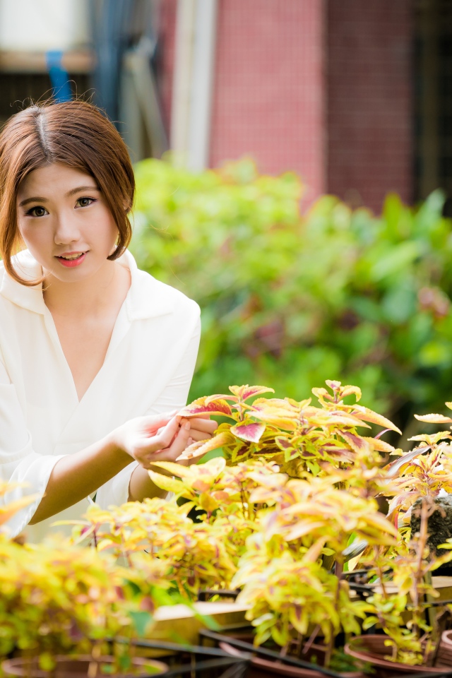 Молодая девушка азиатка с комнатными цветами