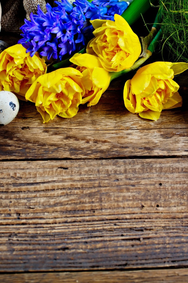 Крашеные яйца и весенние цветы на Пасху, фон для поздравительной открытки