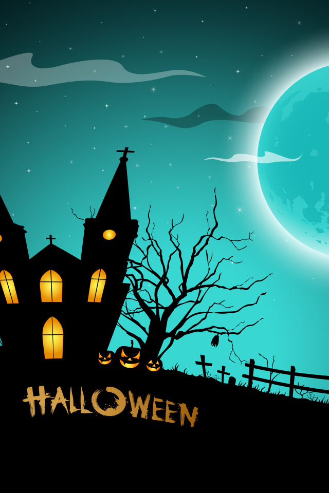 Черный замок на фоне луны на праздник Хэллоуин
