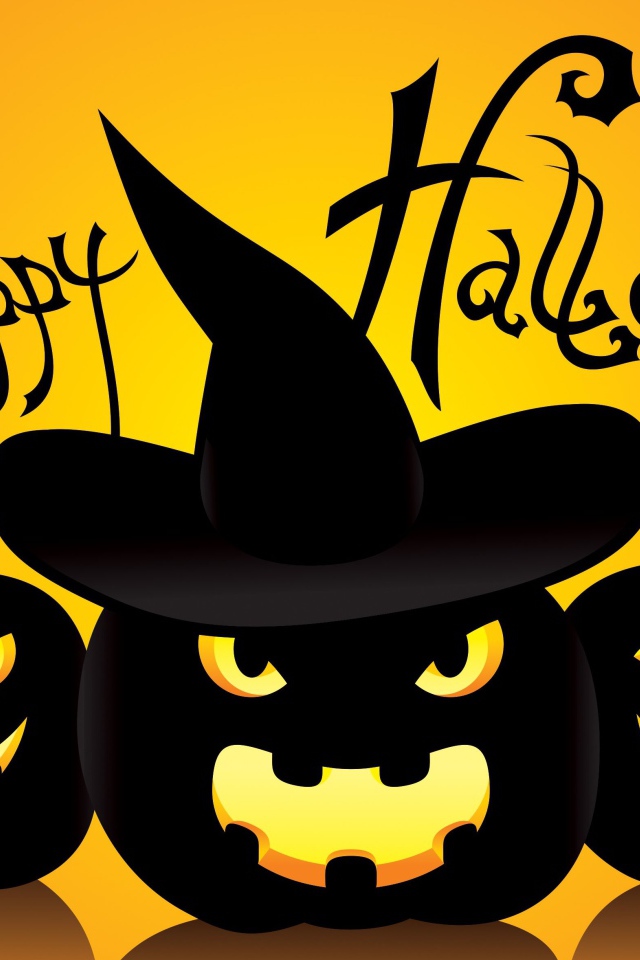 Черные тыквы в шляпах на желтом фоне к празднику Хэллоуин