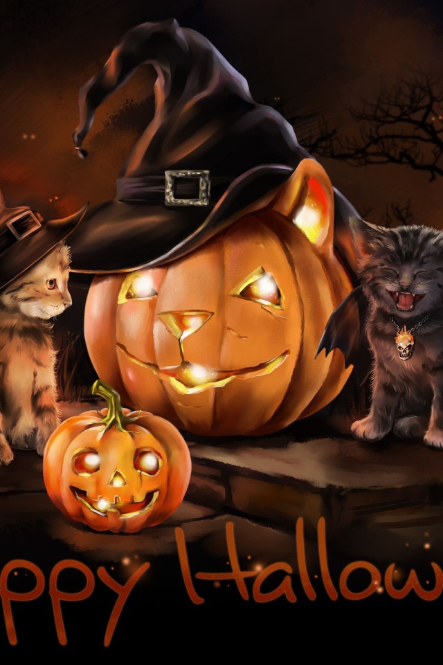 Смешные котята с тыквой на праздник Хэллоуин