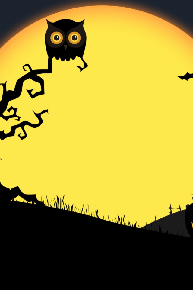 Дерево с совой и злобными тыквами на фоне луны на Хэллоуин