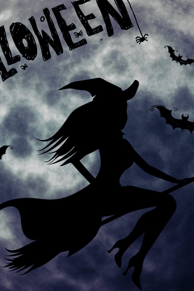 Ведьма на метле на фоне луны на праздник Хэллоуин, 31 октября