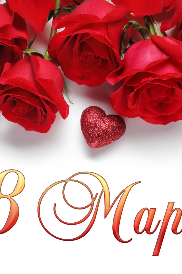 Beautiful red roses with hearts on a white background, postcard for March 8