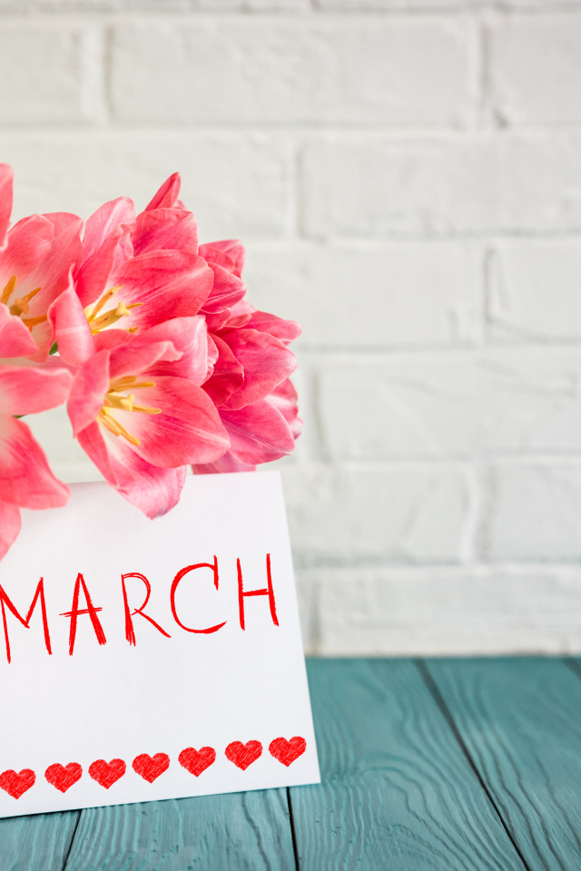 Букет тюльпанов и открытка на фоне стены на 8 марта