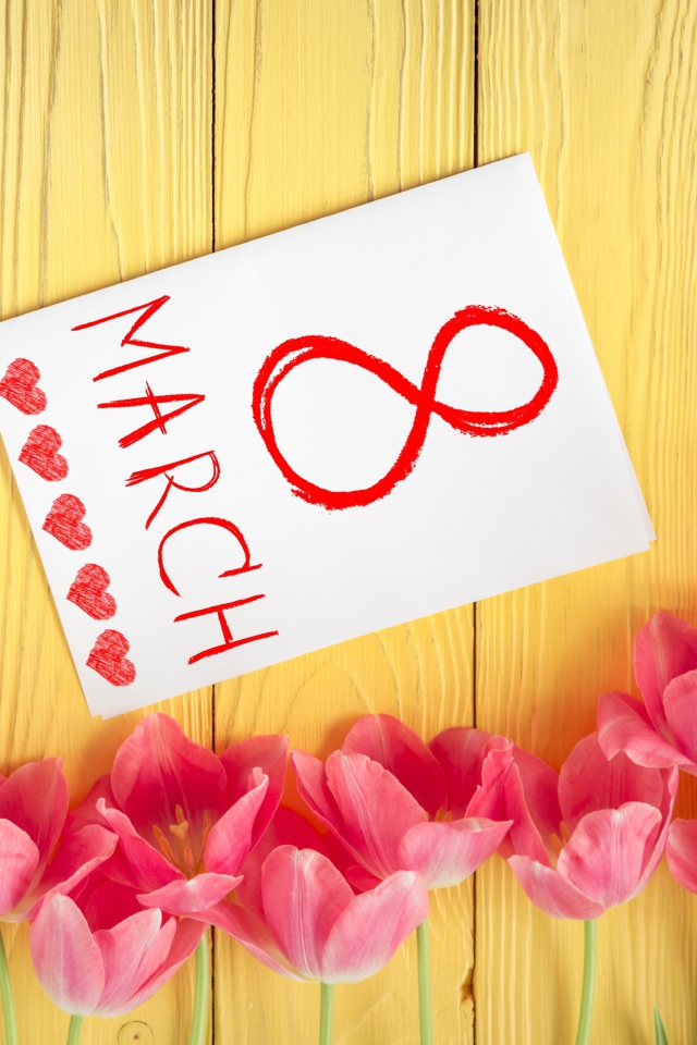 Розовые тюльпаны и открытка на 8 марта