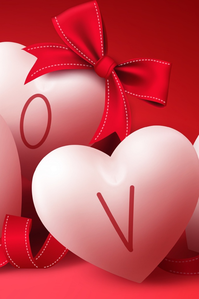 Большие белые сердечки на красном фоне с бантом