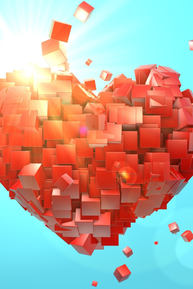 Сердце из красных кубиков на голубом фоне