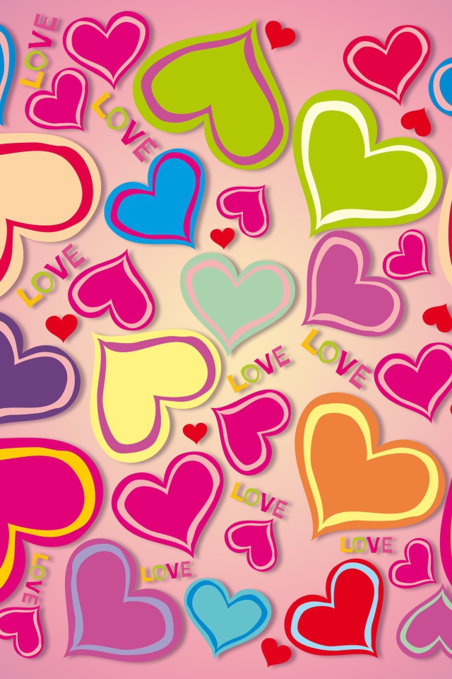 Много разноцветных сердечек на розовом фоне