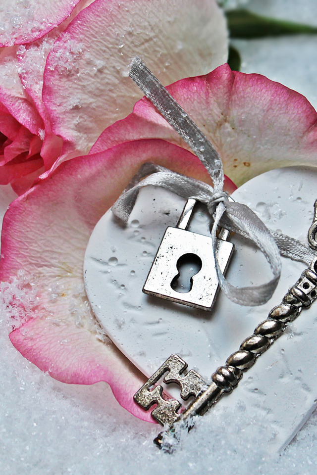 Розовая роза лежит на снегу с ключом