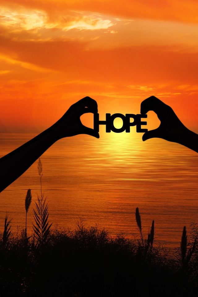 Силуэты пары держат в руках надпись HOPE на фоне заката