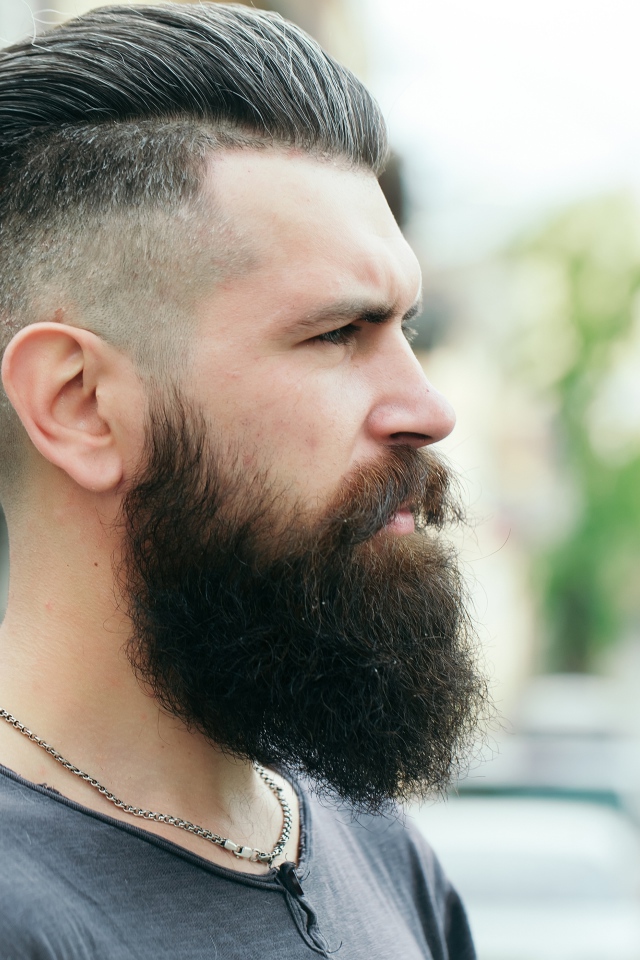 Стильный мужчина с бородой и прической на голове 