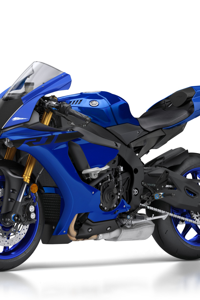 Синий мотоцикл Yamaha YZF-R1 на белом фоне