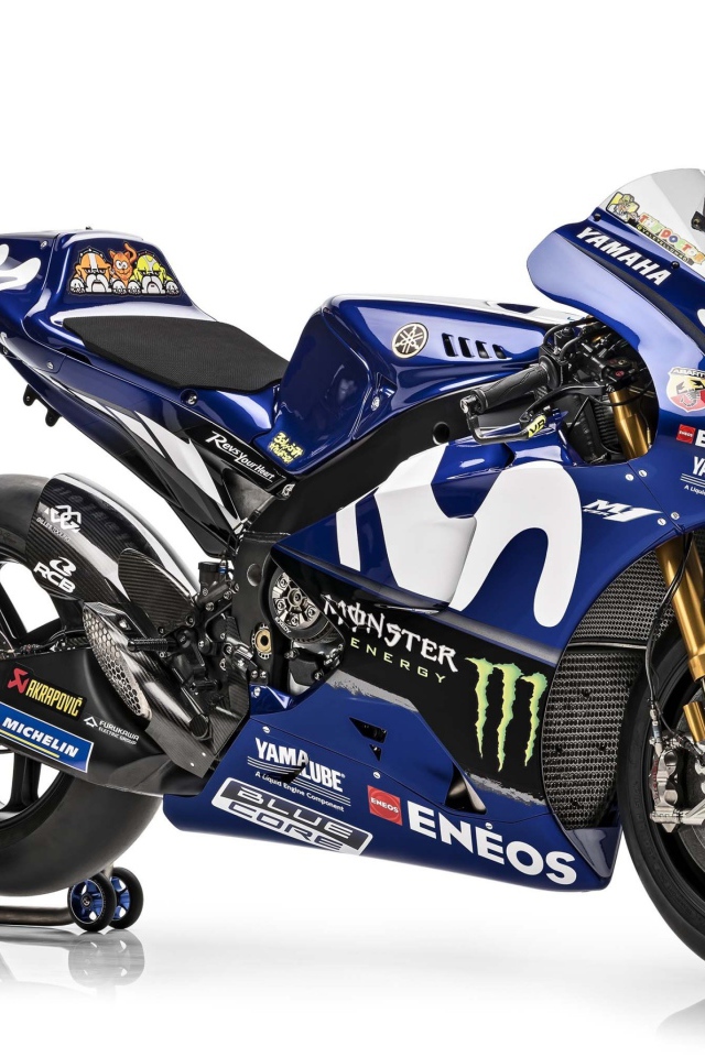 Синий мотоцикл Yamaha YZR-M1 Movistar, 2018 на белом фоне