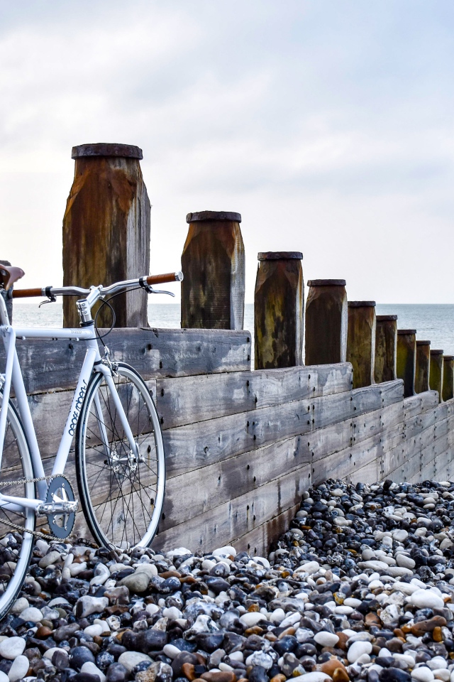 Велосипед стоит и моста на берегу моря