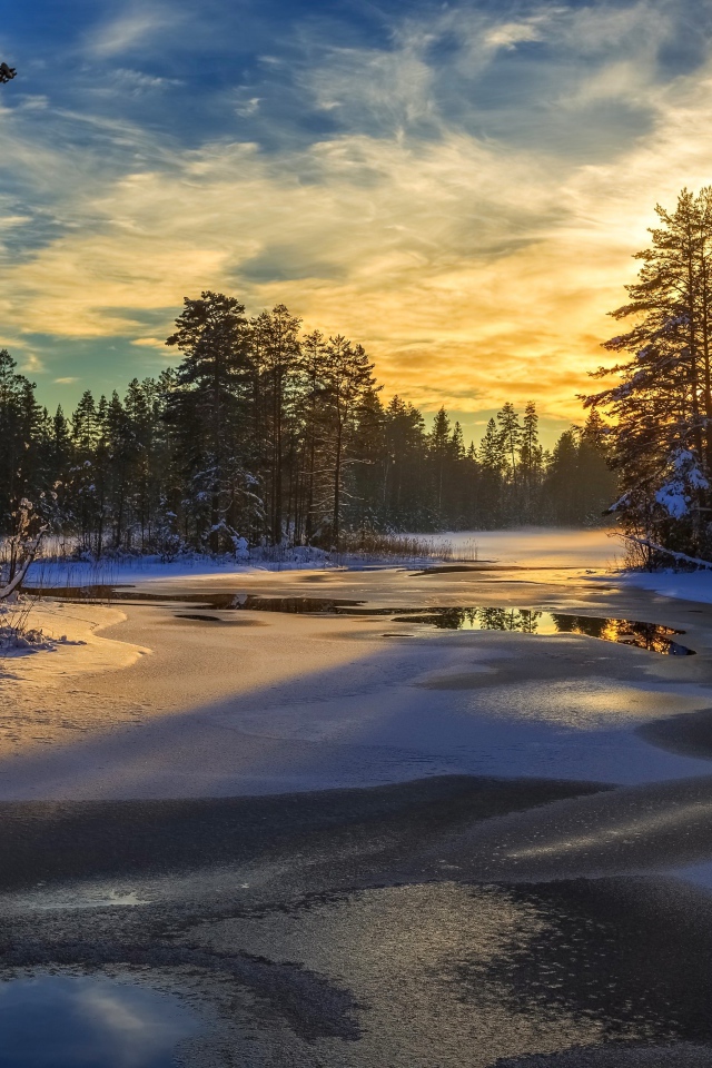 Покрытая льдом река с заснеженными елями по берегам на рассвете