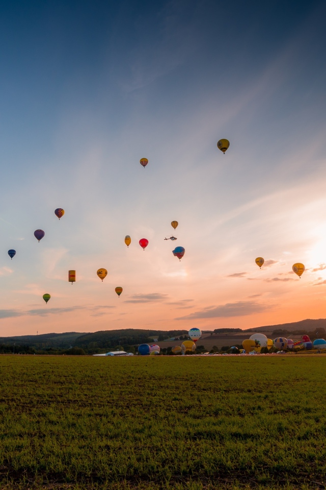 Воздушные шары в небе над зеленым полем
