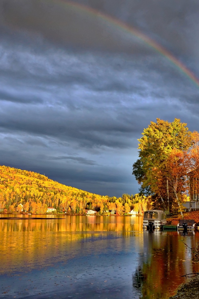 Радуга в пасмурном небе над озером у осеннего леса
